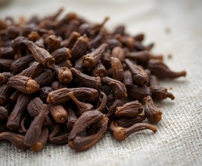 Rich brown cloves piled on textured linen, capturing aromatic spice essence for culinary inspiration.