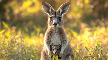 Mother kangaroo with joey in pouch, golden hour light.