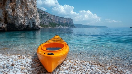 Orange kayak on pebble beach near calm turquoise sea and cliffs.