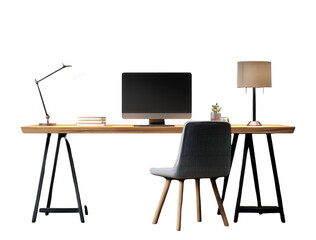 Minimalist modern workspace with computer, desk lamps, books, and a comfortable chair on black