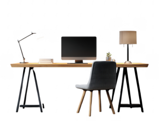 Minimalist modern workspace with computer, desk lamps, books, and a comfortable chair on black
