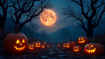 Enchanting Halloween Night with Pumpkins and a Radiant Full Moon Backdrop