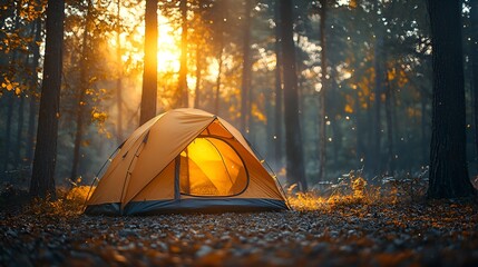 Sunrise illuminates orange tent in autumn forest.