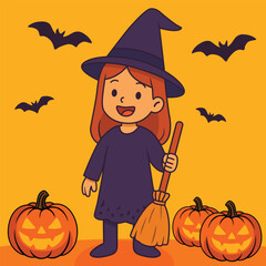 halloween little witch with pumpkin