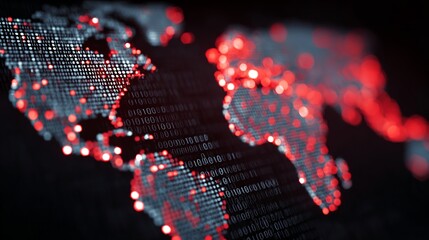 Dynamic global network map pulsating with digital data and red connection points, representing a connected world of information and technology.