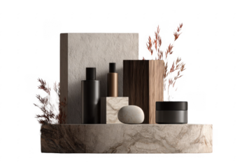 Minimalist natural skincare product display with stone, wood textures and dried plants on marble base