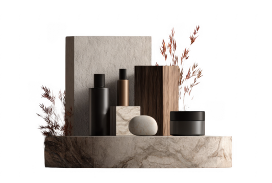 Minimalist natural skincare product display with stone, wood textures and dried plants on marble base