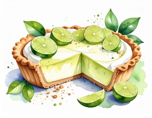 Refreshing Key Lime Pie Watercolor Illustration with Vibrant Lime Slices