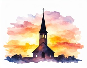 Watercolor depiction of a church steeple silhouette against a vibrant sunset