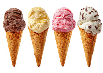 Four ice cream cones, showcasing scoops of various flavors