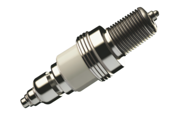 Detailed close up studio shot of a single automotive spark plug with metallic threads and ceramic insulator isolated on transparent background