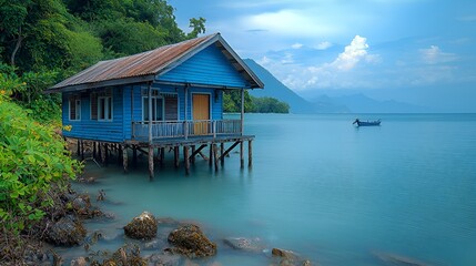 Serene blue house on stilts by tranquil lake.
