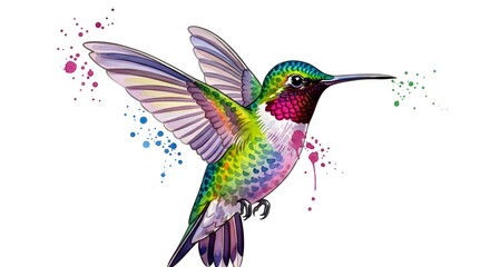 Hummingbird Illustration with Watercolor Splatters