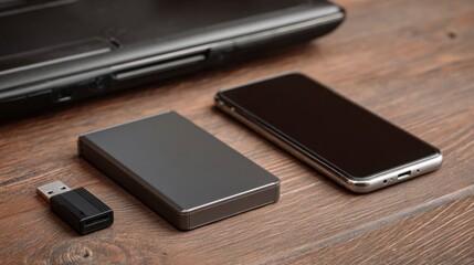 Laptop phone external hard drive  USB adapter on wood table