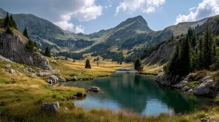 Lake in mountain valley with rocky terrain meadow trees clear sky