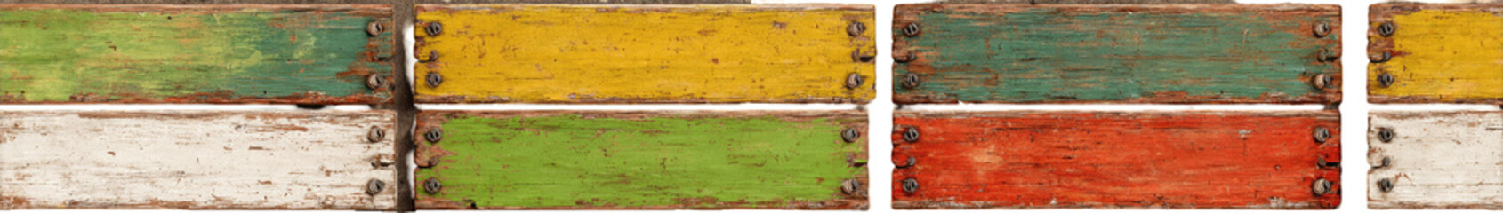 Rectangular, multicolored, distressed wooden planks.  Sections of weathered, painted wood arranged in a grid pattern.  Varying shades of yellow, green, red, and white. 