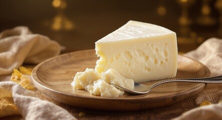 A wedge of creamy cheese on a wooden plate, with a portion scooped onto a fork, perfect for food blogs, culinary websites, or cheese product advertising.