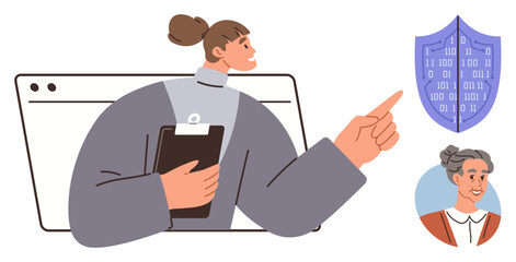 Woman holding clipboard points to shield icon with binary code and user profile symbol. Ideal for cybersecurity, data protection, user authentication, identity management, digital safety, online