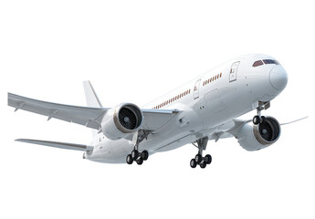 Fototapeta premium White passenger jet in flight. Large commercial aircraft, angled slightly downward, with prominent wings and engines. Clean, crisp design