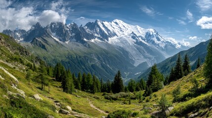 Fototapeta premium Mountain vista with snowcapped peaks green valley and scattered trees under a partly cloudy sky