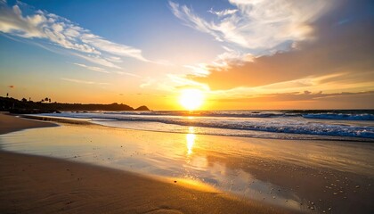Fototapeta premium Stunning sunset over tranquil beach with reflective sand and vibrant sky scenery