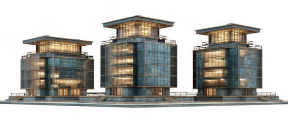 Modern architectural design of three illuminated glass buildings with metal framework at night