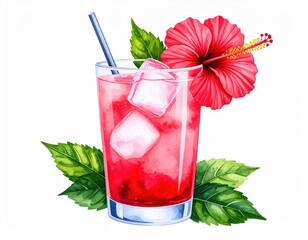 Watercolor illustration of refreshing hibiscus lemonade with ice and straw
