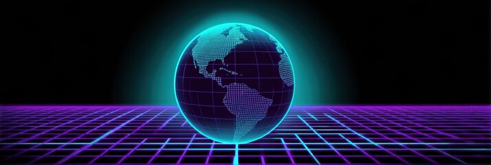 Glowing digital globe represents Earth with a grid pattern, emitting vibrant colors against a dark background, evoking a futuristic, tech-centric theme.