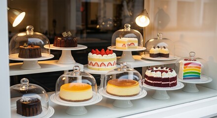 Naklejka premium Assorted Cakes and Cheesecakes Displayed Under Glass Domes in a Pastry Shop Window