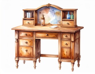 Whimsical Watercolor Wooden Desk Illustration, an antique study table with watercolor wash