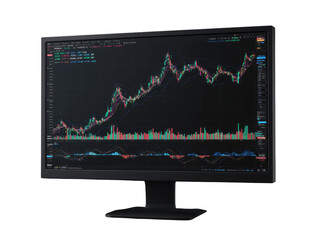 Modern computer monitor displaying detailed financial stock market charts and trading data analysis