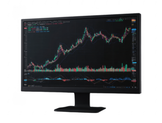 Modern computer monitor displaying detailed financial stock market charts and trading data analysis