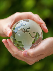 Hands gently holding a glass globe symbolizing global care and environmental protection