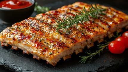 Grilled pork ribs with rosemary and ketchup.