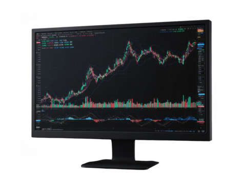Modern computer monitor displaying detailed financial stock market charts and trading data analysis