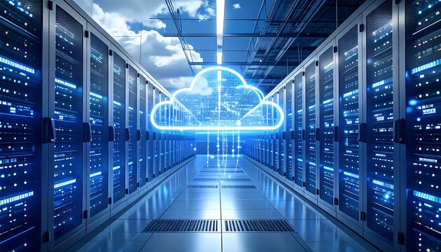 Futuristic server room with a glowing cloud graphic.  A spacious server rack area