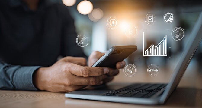 Businessperson using smartphone and laptop with growth charts overlay