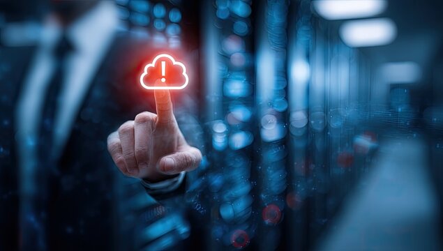 Businessperson points to a red cloud with an exclamation mark, indicating a cloud-computing error in a server room