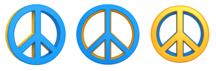3D Plastic Style Peace Sign Icons In Blue And Yellow Against A Transparent Background