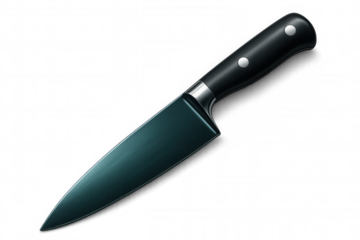 Sharp kitchen knife featuring black ergonomic handle and sleek dark blade, positioned vertically on transparent surface, professional culinary tool