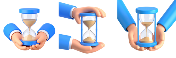 Animated Hands in Blue Sleeves Holding Hourglass with Beige Sand on Transparent Background Illustrating Time and Waiting Concept