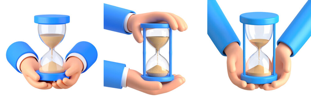 Animated Hands in Blue Sleeves Holding Hourglass with Beige Sand on Transparent Background Illustrating Time and Waiting Concept - Powered by Adobe
