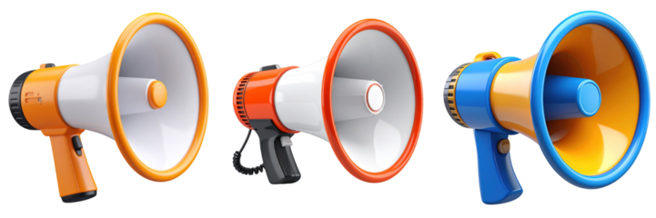3D Plastic Style Megaphones Collection In Vibrant Colors Orange White Red Blue And Yellow Against Transparent Background