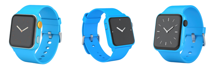 3D Plastic Style Smartwatch Illustration In Bright Blue With Black Screen And Silver Buckle Elements On Transparent Background