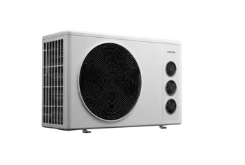 Fototapeta premium Modern white outdoor air conditioning unit with large black fan and ventilation grilles isolated