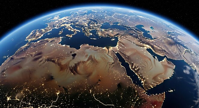 A detailed view of the Earth, highlighting the Middle East and North Africa region at night, showing city lights and desert landscapes.