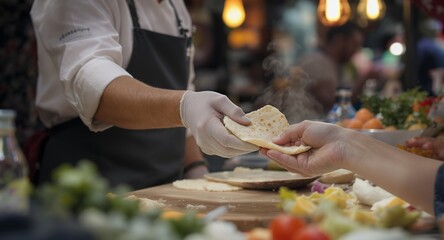 Chef handing out freshly made flatbread