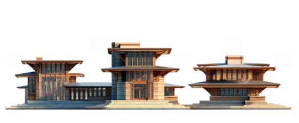 Modern wooden architectural complex with multiple layered flat roofs and large
