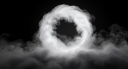 Circular Smoke Ring, Glowing Halo, Mystical Vapor, Abstract Background, Ethereal Design, Digital Art, Fantasy Scene, Dark Background, White 