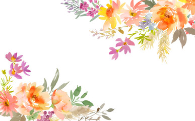 Watercolor autumn floral drop background with abstract hand painted orange peonies, dahlias and wild flowers for banner and post card. Fall floral background. Vector files.